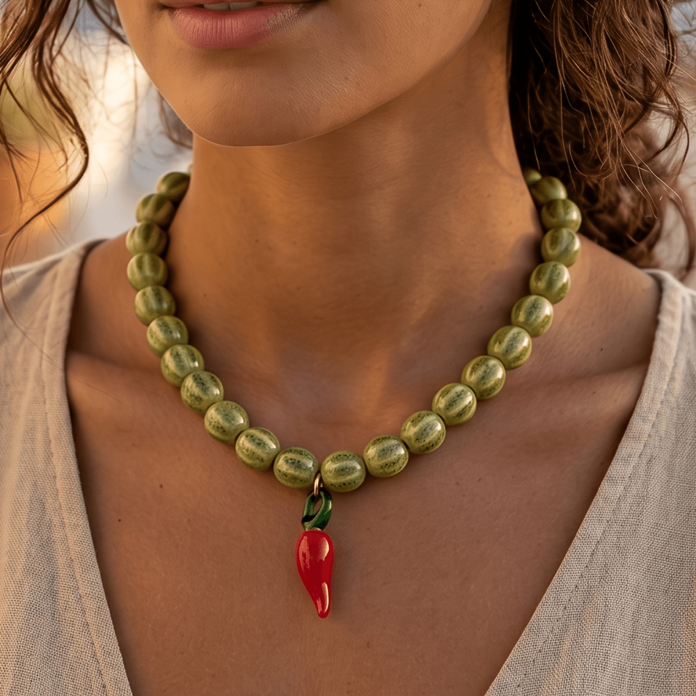 Women's Ceramic Mixed Beaded Chili Pepper Necklace